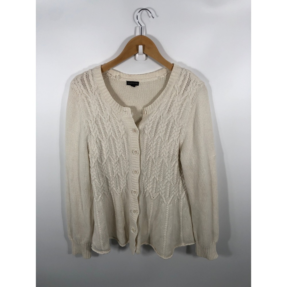 Cable Knit Button Cardigan Womens XL White Fisherman New England Preppy Neutral